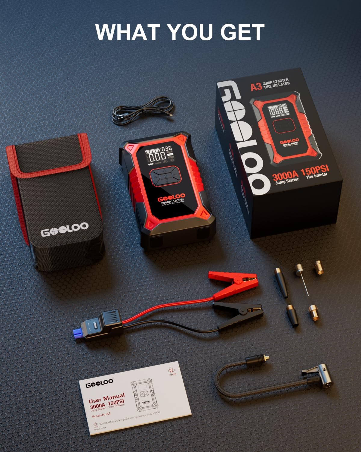 3000A Portable Car Battery Booster with 150PSI Tire Inflator P95064