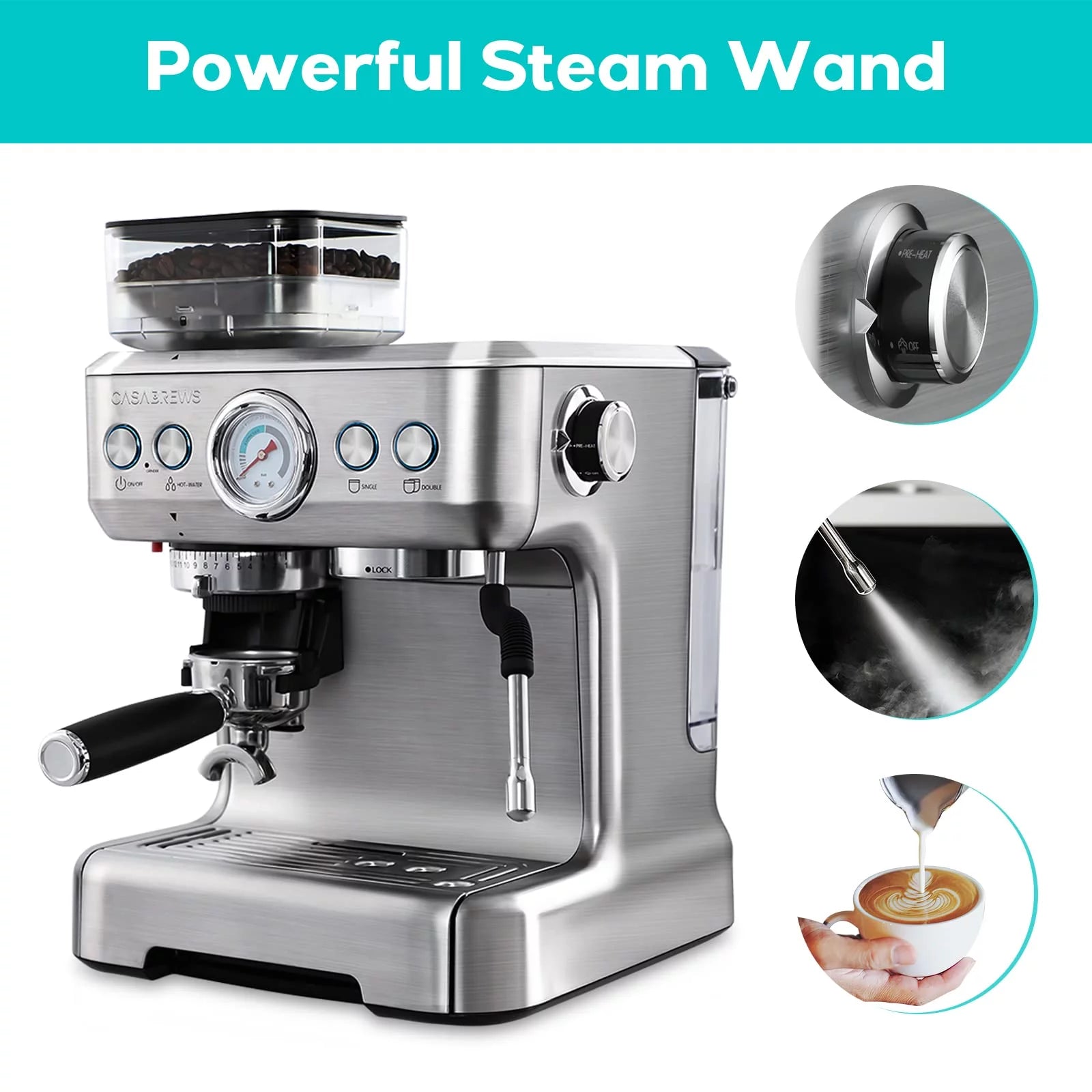 Silver Espresso Machine with Grinder and Milk Frother P1670