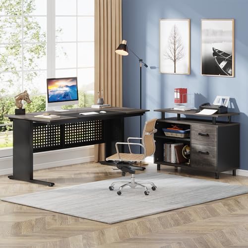 Gray and Black L Shaped Executive Desk with File Cabinet and Drawers X179