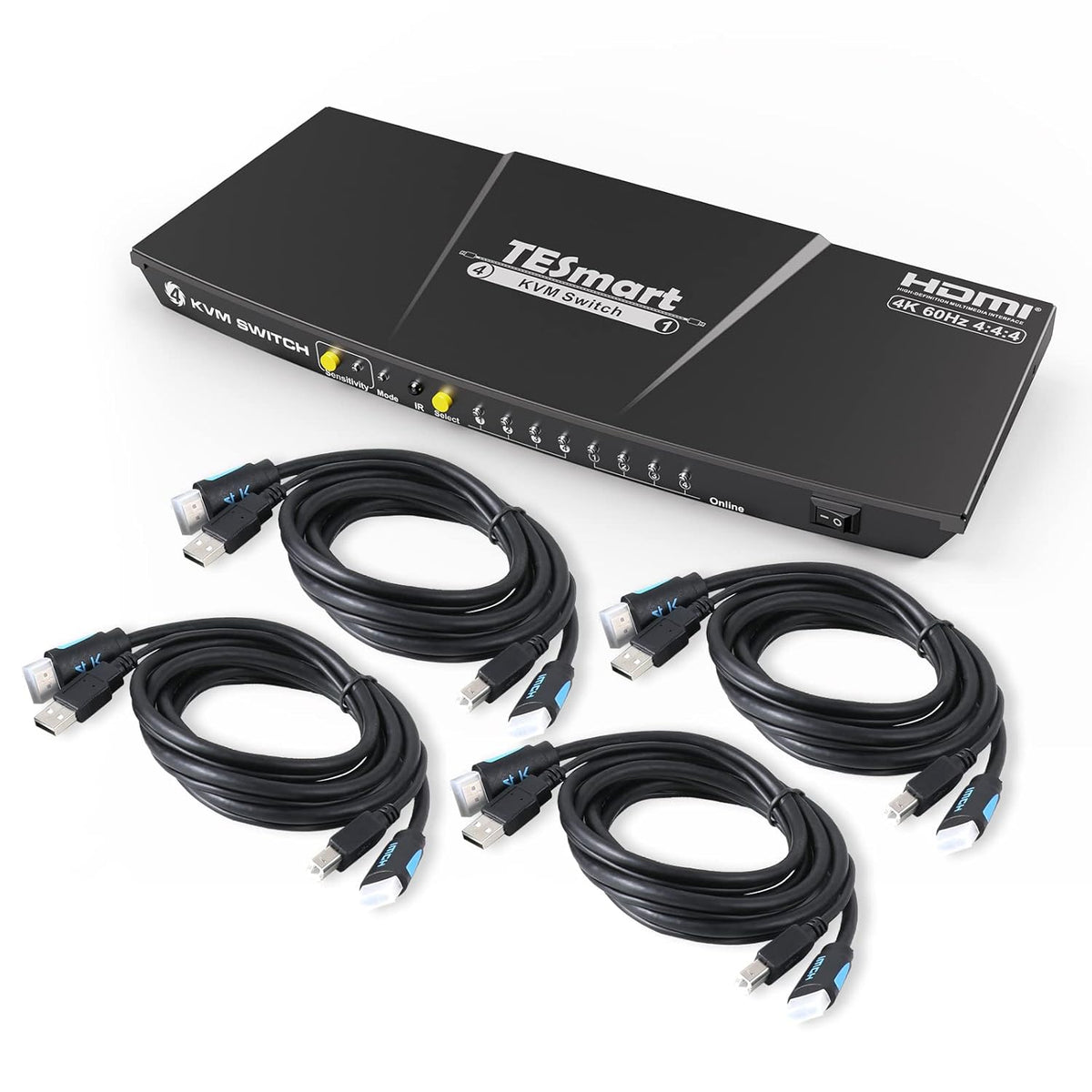 HDMI KVM Switch 4 Port 4K@60Hz Ultra HD 4x1 with 2 Pcs 5ft KVM Cables Black Q696348