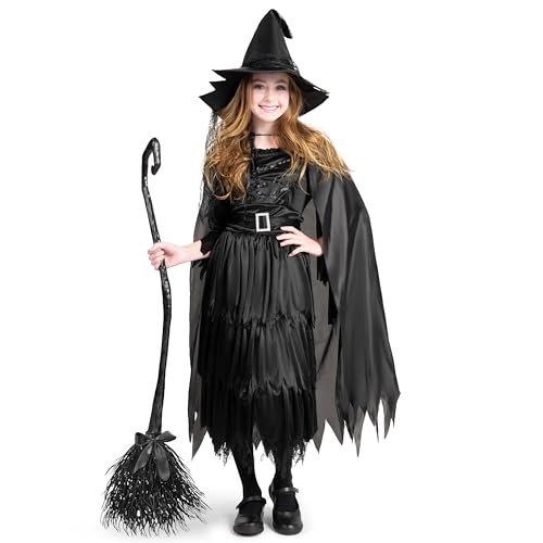 Classic Kids Witch Costume Black Witch Dress with Broom and Hat XL Y930