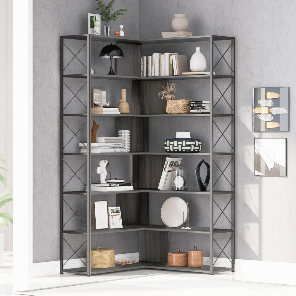7-Tier L-Shaped Corner Bookcase Open Storage Silver MDF M8707