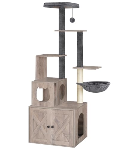 Greige 67.7" H Wooden Cat Tree with Litter Box Enclosure W253