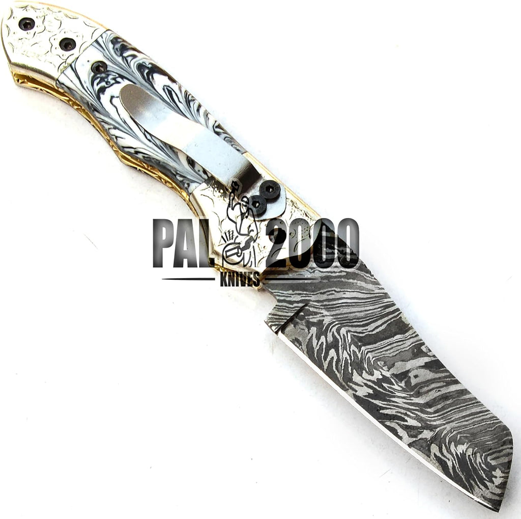 Handmade Damascus Steel Folding Pocket Hunting Knife with Sheath G210