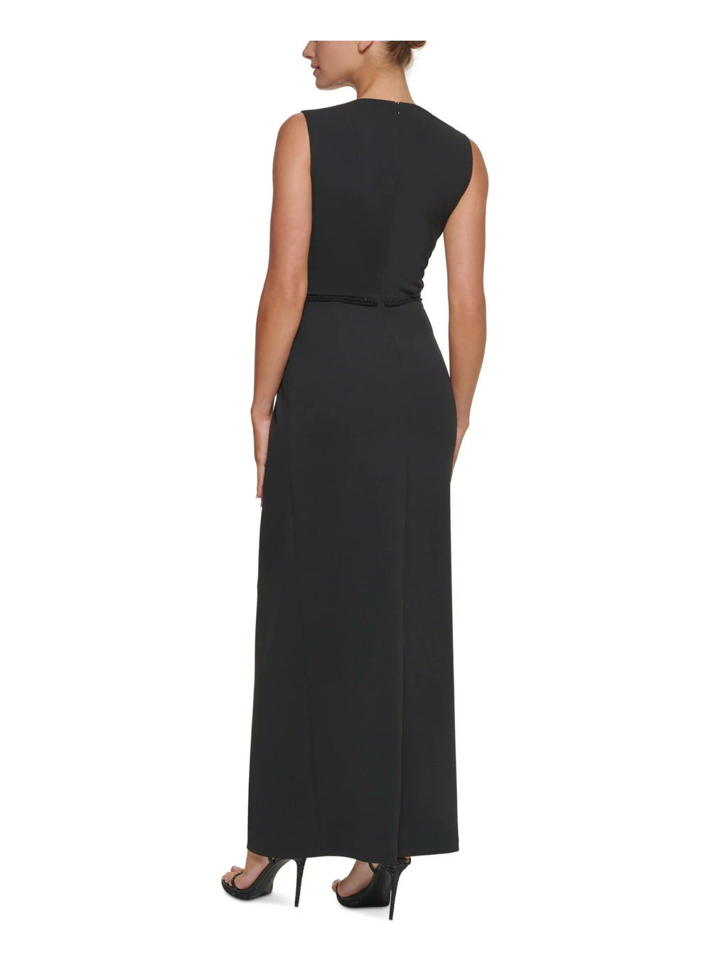 Black Stretch Beaded Zippered Back Slit Lined Sleeveless Round Neck Full-Length Formal Gown Dress V8992