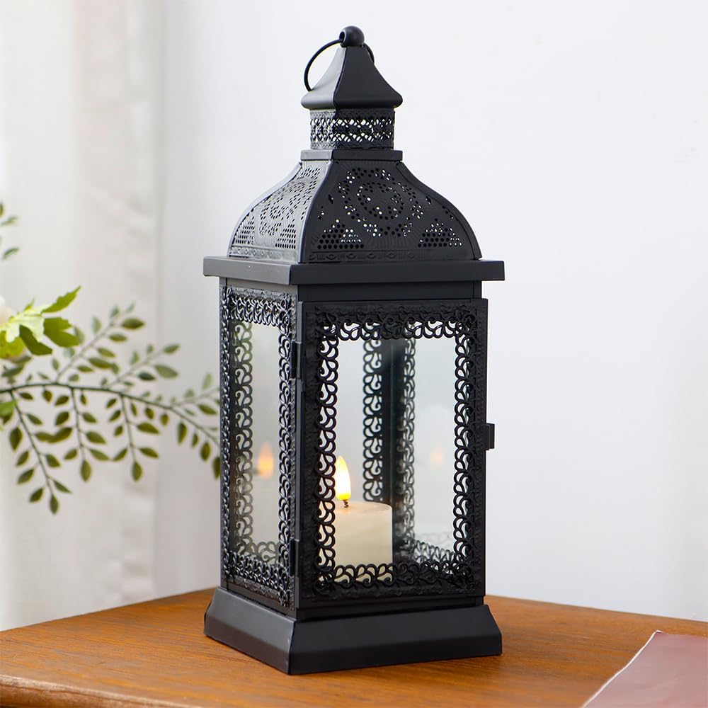 Black Metal Candle Lantern 13'' High with Tempered Glass W375