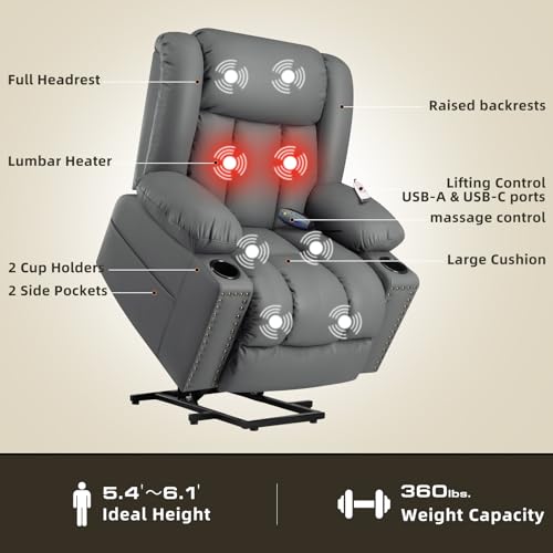 Large Power Lift Recliner Chairs with Heat and Massage Set of 2, Breathable Leather, Dark Brown S71979