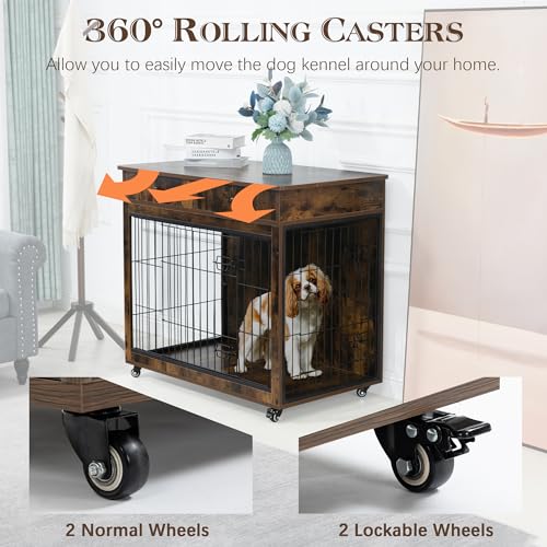Grey 31.7" L×23.2" W×33" H Wooden Dog Crate with 2 Drawers Z86390