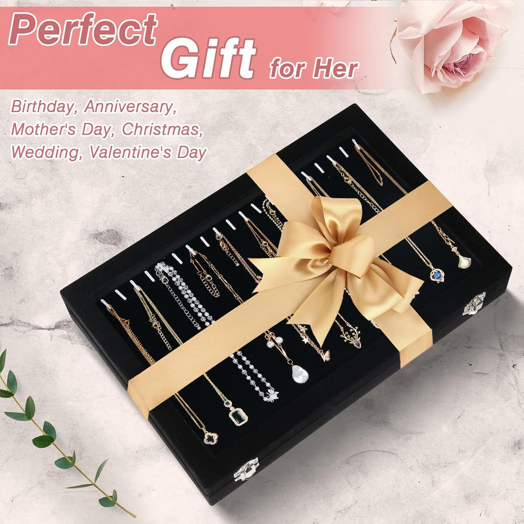 20 Hooks Velvet Jewelry Tray Necklace Organizer Box with Clear Lid M1059