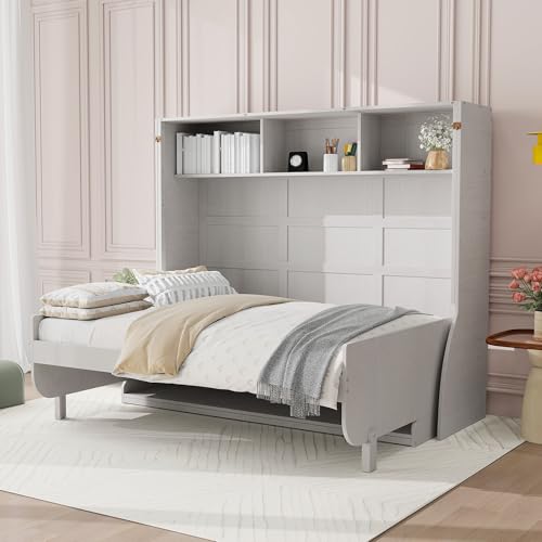 Antique White Full Size Murphy Bed with Desk and Storage Shelves N74819