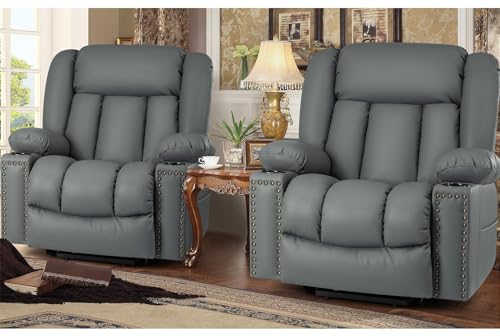 Large Power Lift Recliner Chairs with Heat and Massage Set of 2, Breathable Leather, Dark Brown S71979