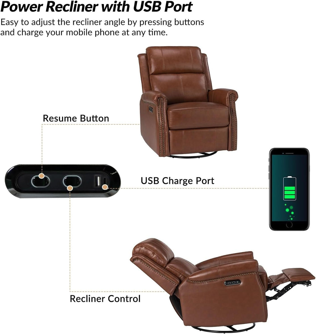 Genuine Leather Power Swivel Recliner with Metal Base V437