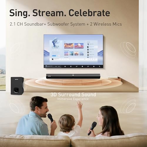 Karaoke Soundbar with Subwoofer, 2 Wireless Microphones, Bluetooth Speaker with Remote I2611