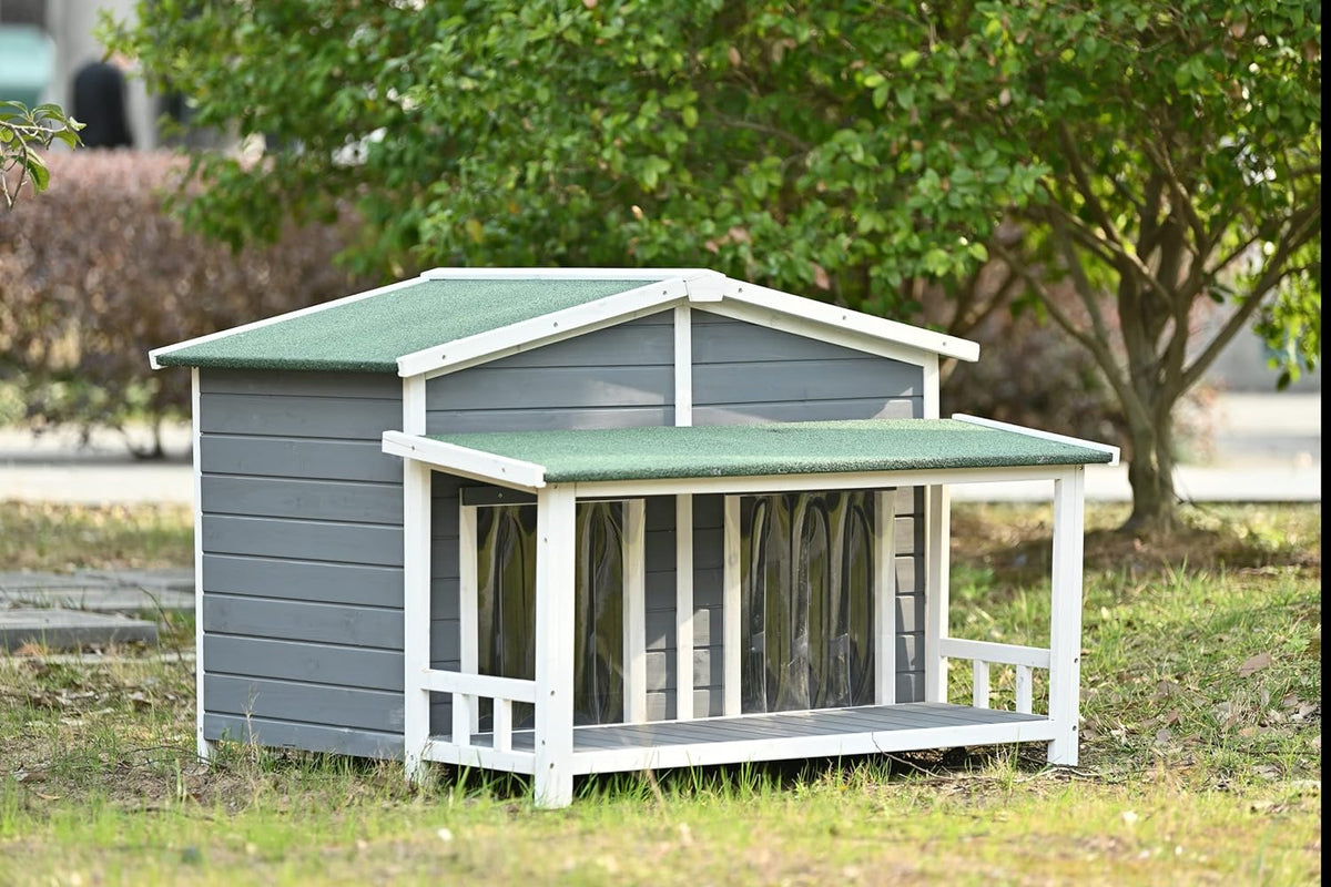Gray Green Wooden Dog House with Porch 2 Doors F303