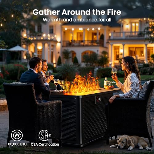43-Inch Rectangular Propane Fire Pit with 60,000 BTU Output, Cover and Rocks, 304 Stainless Steel H-Burner Q241