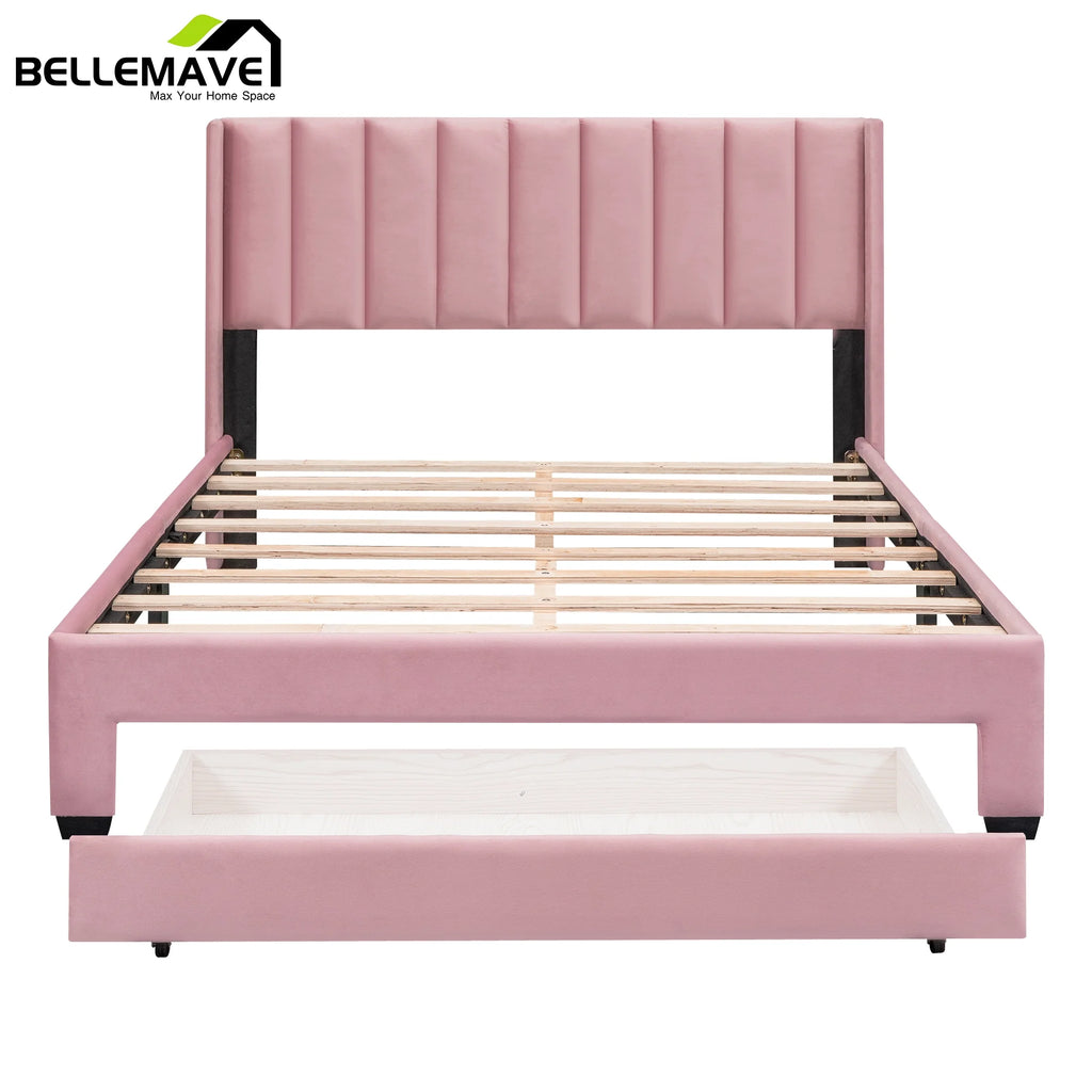 Queen Size Pink Velvet Upholstered Wood Platform Bed with Drawer I9098