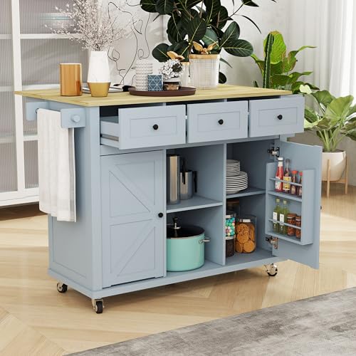 Grey Blue Rolling Kitchen Island with Storage Cabinet and 3 Drawers I378253