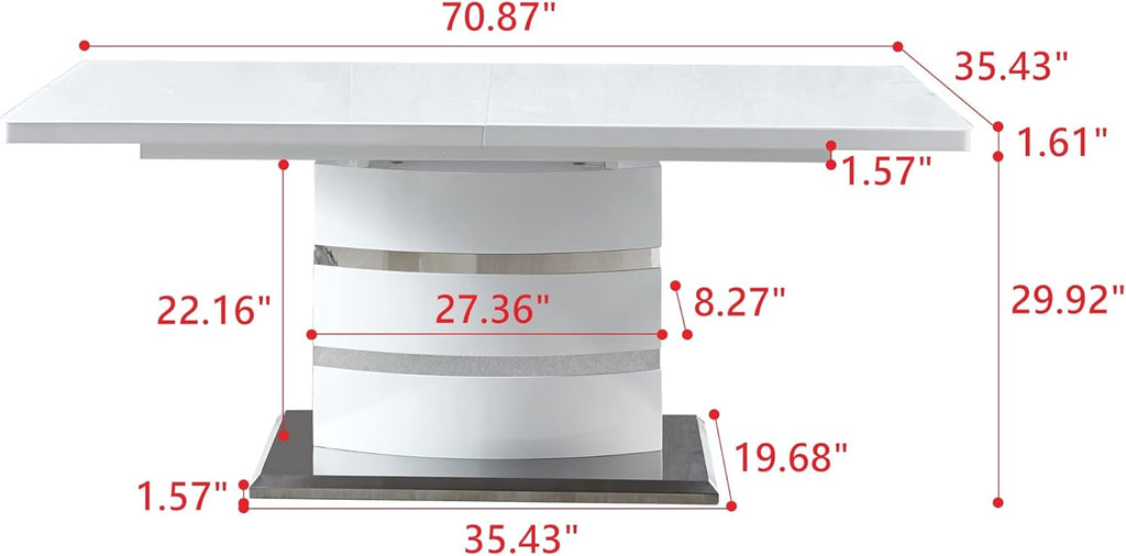 Extendable Dining Table with Butterfly Leaf, White High Gloss Lacquer MDF Base, Stainless Steel, 8 to 12 Person D448566