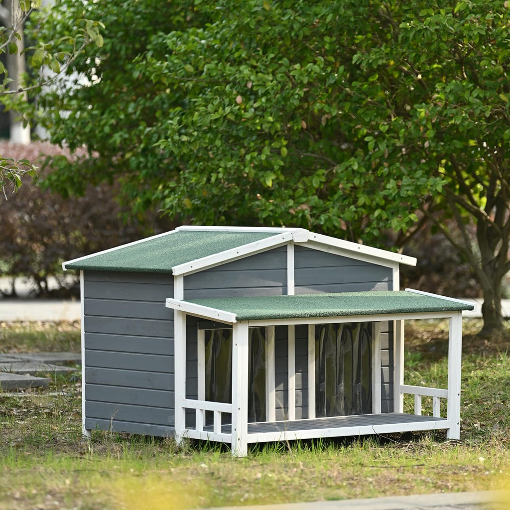Gray Green Wooden Dog House with Porch 2 Doors F303