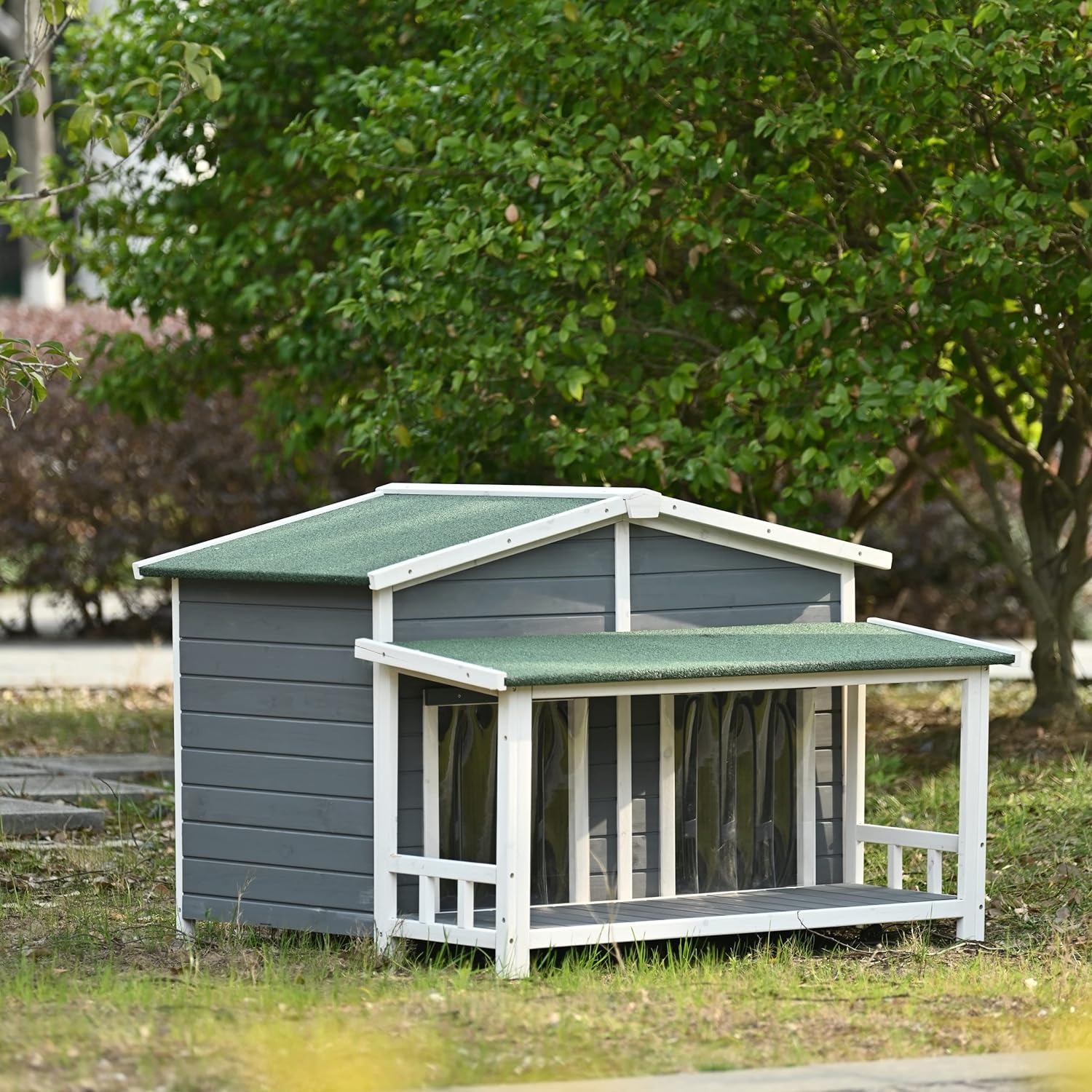 Gray Green Wooden Dog House with Porch 2 Doors F303