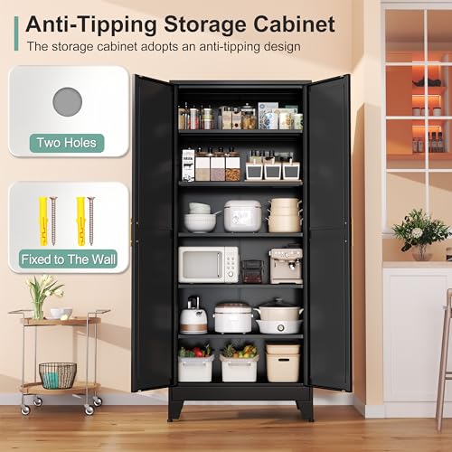 White 75" Metal Pantry Cabinet with 2 Doors and 5 Adjustable Shelves M247