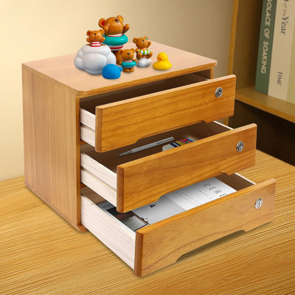3-Tiers Wooden Desktop Storage Box with Lockable Drawers S937068
