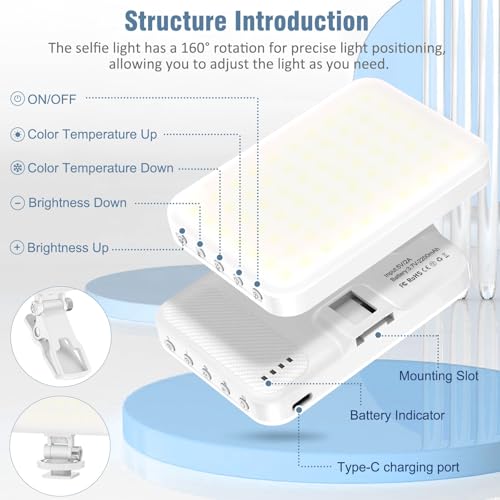 60 LED Portable Selfie Light with Clip & Tripod Adapter Rechargeable 2200mAh Z15368