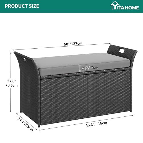 Black Beige 90 Gallon Outdoor Wicker Storage Bench with Cushion J1291